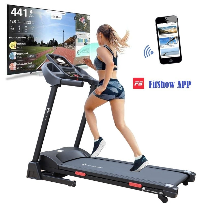 Banda de alergare electrica FitTronic Ultra 3000 motor 2.5 CP, inclinatre electrica 15%, greutate suportata 120 kg, Kinomap Fitshow Zwift Apps, intrare MP3, conectare bluetooth