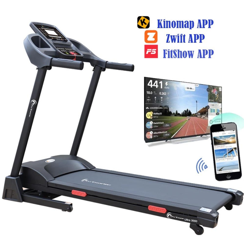 Banda de alergare electrica FitTronic Ultra 3000 motor 2.5 CP, inclinatre electrica 15%, greutate suportata 120 kg, Kinomap Fitshow Zwift Apps, intrare MP3, conectare bluetooth