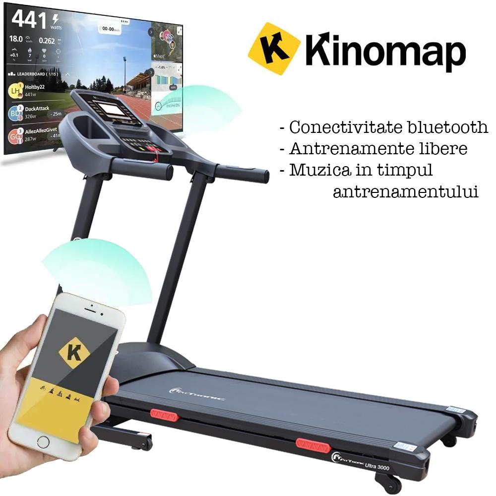 Banda de alergare electrica FitTronic Ultra 3000 motor 2.5 CP, inclinatre electrica 15%, greutate suportata 120 kg, Kinomap Fitshow Zwift Apps, intrare MP3, conectare bluetooth