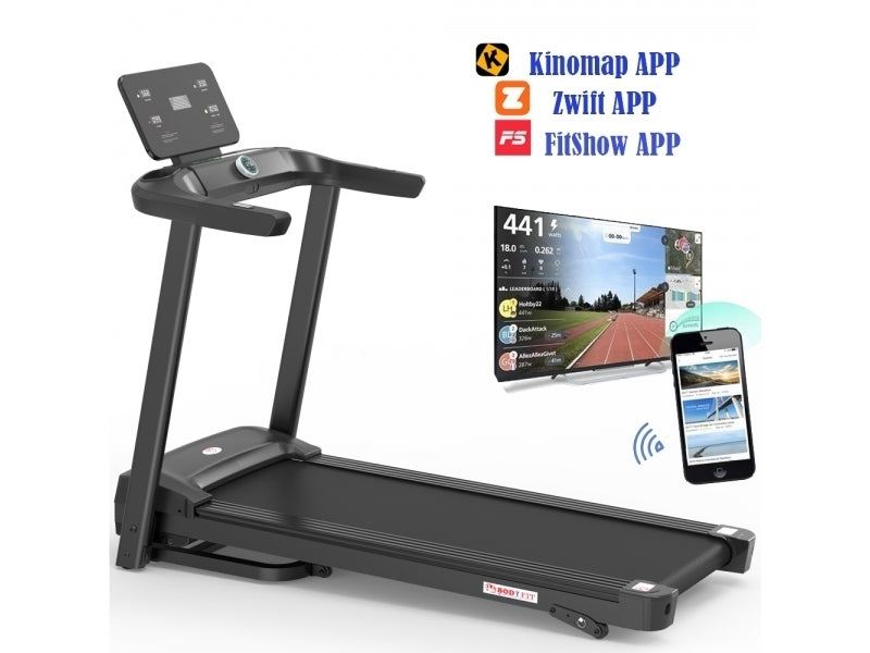 Banda de alergat Bodyfit Z5500, motor de 2.5 CP, greutate suportata de 120 kg, viteza 14.8 km/h, display LED cu mai multe functii, Fitshow, Kinomap, Zwift