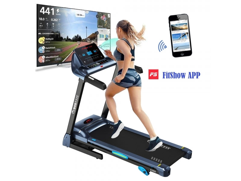 Banda de alergat electrica BodyFit A1800, motor 2.5CP, greutate suportata 130 kg, viteza maxima 14 km/h, MP3, USB, Fitshow App