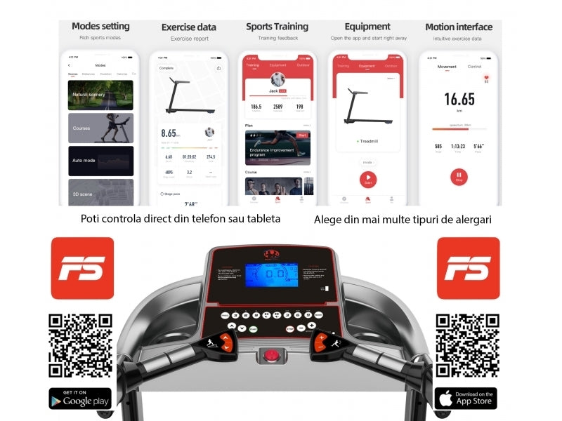 Banda de alergat electrica BodyFit A6000, Motor 3.25 CP, App FitShow, 15% Inclinatie electrica, Viteza pana la 16km/h, 130 kg Greutate Suportata, Suprafata alergare 130 x 46 cm