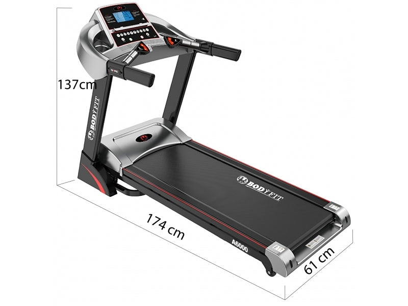 Banda de alergat electrica BodyFit A6000, Motor 3.25 CP, App FitShow, 15% Inclinatie electrica, Viteza pana la 16km/h, 130 kg Greutate Suportata, Suprafata alergare 130 x 46 cm