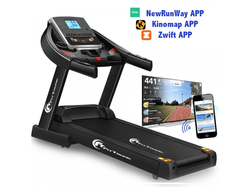 Banda de alergat electrica FitTronic D550, Motor 3.0 CP, greutate suportata 140 kg, acum 3 aplicatii Kinomap, Zwift, Newrunway, inclinatie automata 18%, viteza pana la 18km/h, pliabila, intrare USB si MP3 player, programe presetate