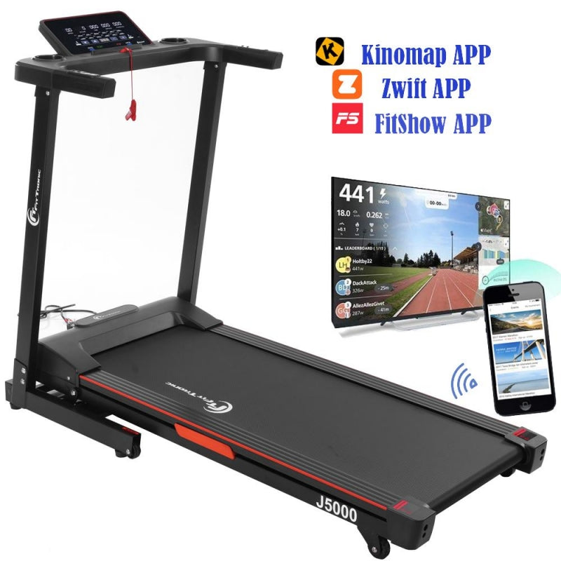 Banda de alergat electrica FitTronic J5000 motor 2.0 CP, inclinatre electrica 15%, greutate suportata 110 kg, aplicatia Fitshow Kinomap Zwift App, intrare MP3, conectare bluetooth