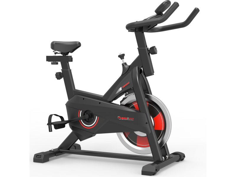 Bicicleta spinning BodyFit SB1500, afisaj electronic, volanta 7 kg, suport tableta