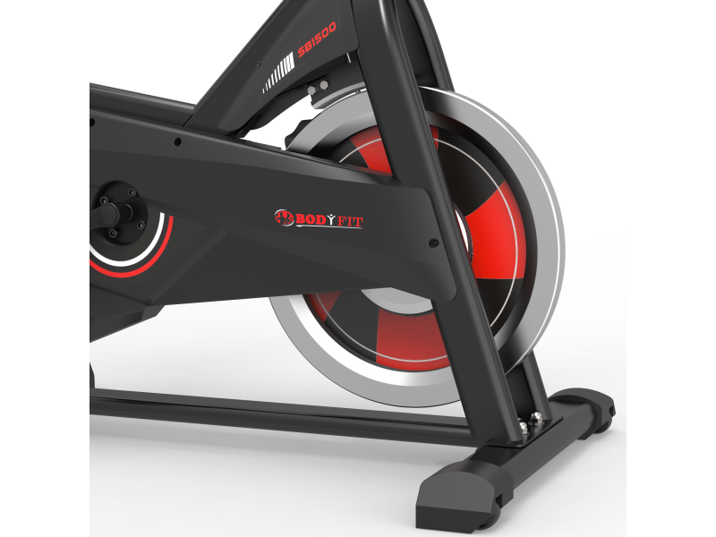 Bicicleta spinning BodyFit SB1500, afisaj electronic, volanta 7 kg, suport tableta