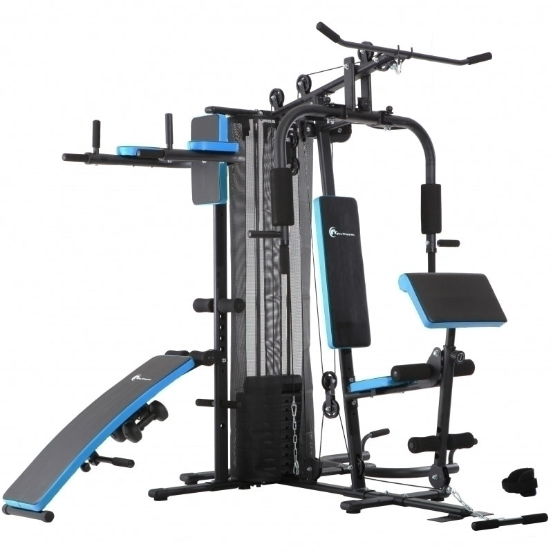 Aparat multifunctional FitTronic® Atletic 470, 45 kg incluse, suport biceps, banca exercitii pliabila, manere flotari, suport tractiuni, bara tractiuni, gantere, greutate maxima utilizator 120 kg