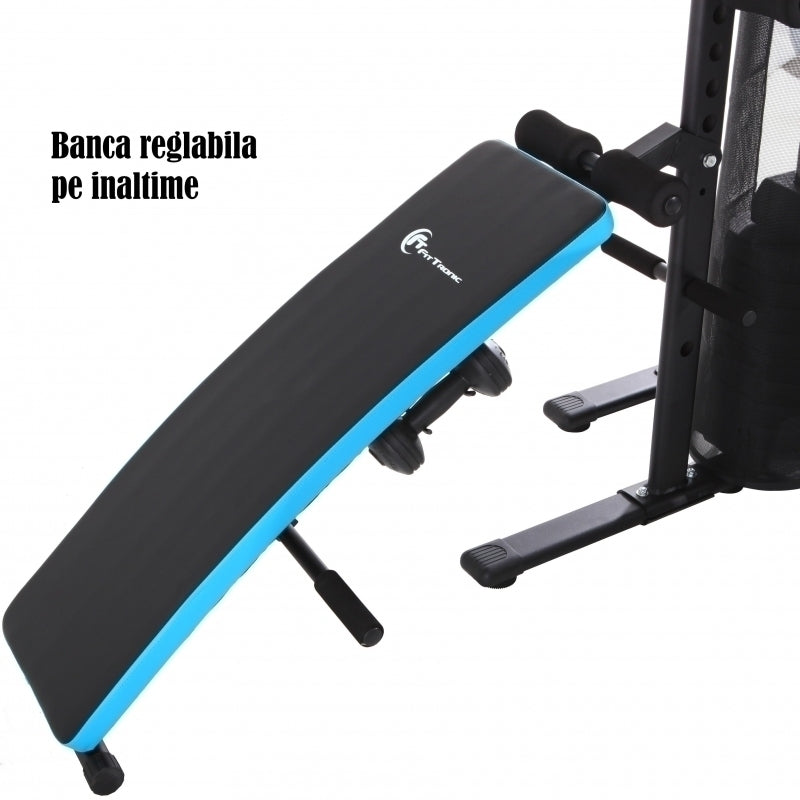 Aparat multifunctional FitTronic® Atletic 470, 45 kg incluse, suport biceps, banca exercitii pliabila, manere flotari, suport tractiuni, bara tractiuni, gantere, greutate maxima utilizator 120 kg