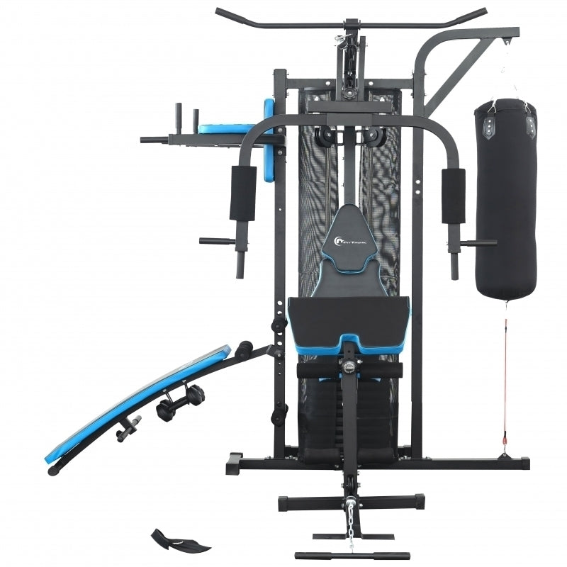 Aparat multifunctional FitTronic® Atletic 480, 45 kg incluse, greutate maxima utilizator 120 kg, banca cu gantere, sac de box, aparat tractiuni, suport biceps, bara tractiuni