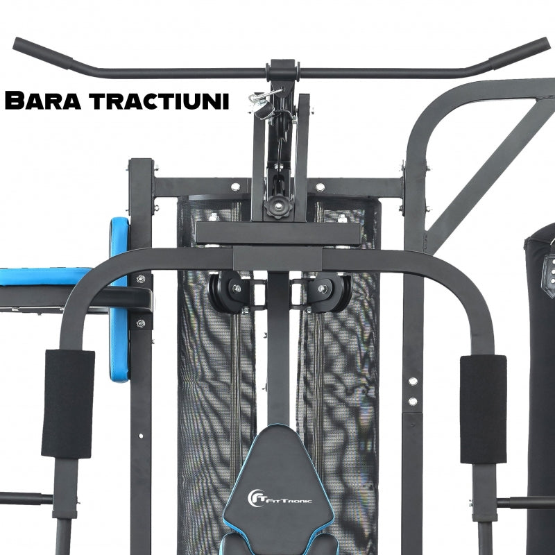 Aparat multifunctional FitTronic® Atletic 480, 45 kg incluse, greutate maxima utilizator 120 kg, banca cu gantere, sac de box, aparat tractiuni, suport biceps, bara tractiuni