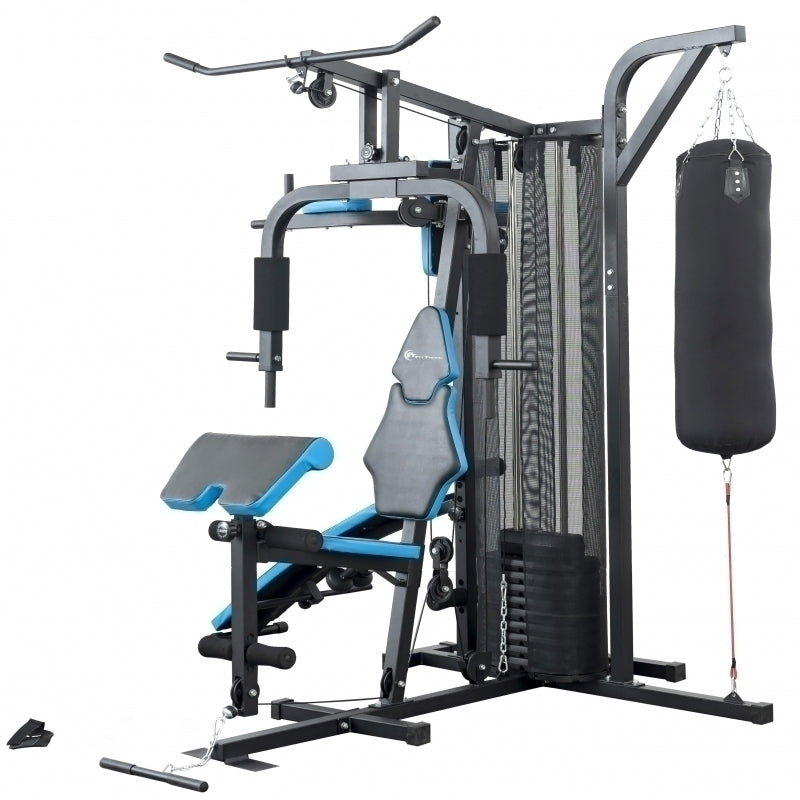 Aparat multifunctional FitTronic® Atletic 480, 45 kg incluse, greutate maxima utilizator 120 kg, banca cu gantere, sac de box, aparat tractiuni, suport biceps, bara tractiuni