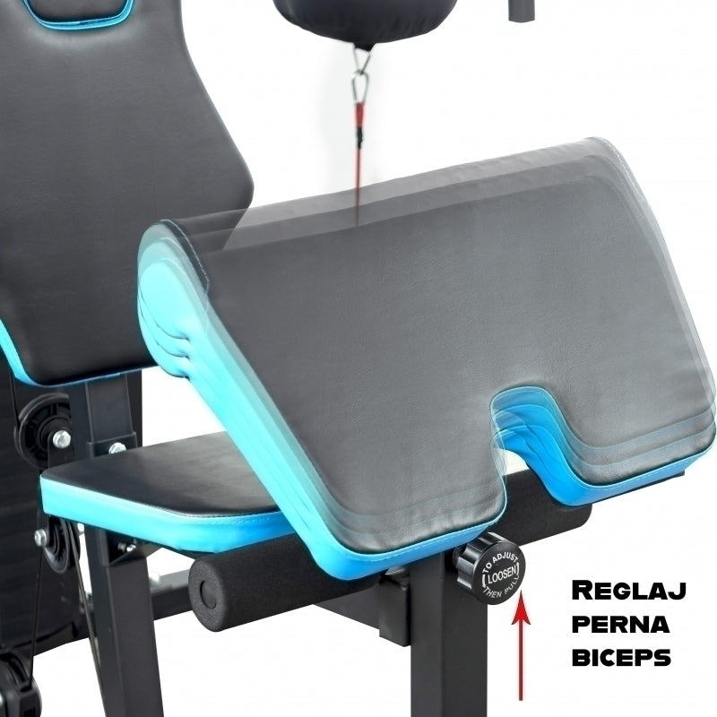 Aparat multifunctional FitTronic® Atletic 480, 45 kg incluse, greutate maxima utilizator 120 kg, banca cu gantere, sac de box, aparat tractiuni, suport biceps, bara tractiuni