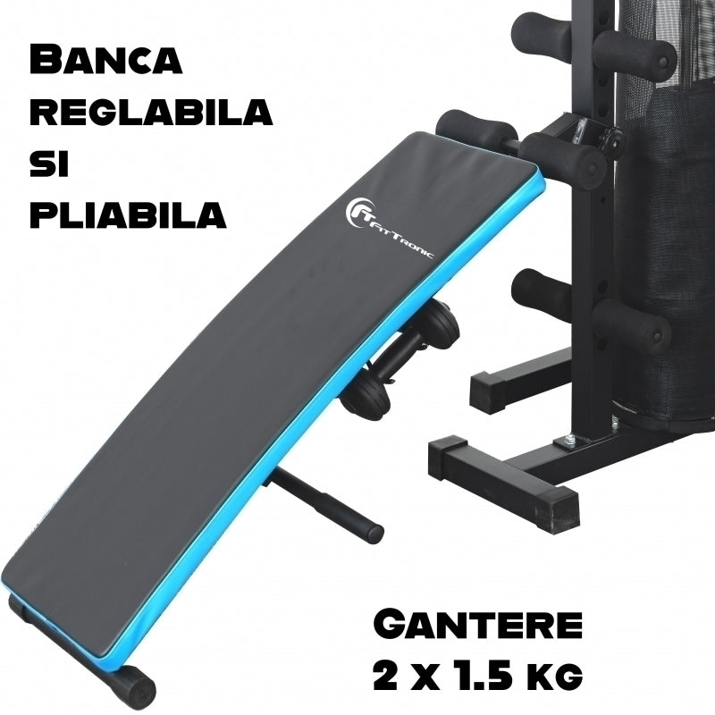 Aparat multifunctional FitTronic® Atletic 480, 66 kg incluse, greutate maxima utilizator 120 kg, banca cu gantere, sac de box, aparat tractiuni, suport biceps, bara tractiuni