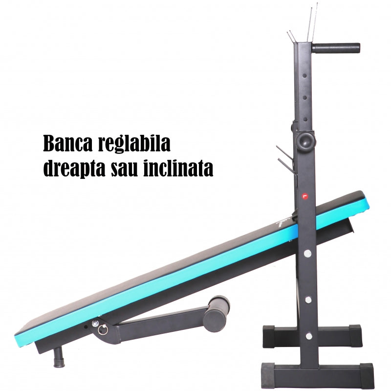 Banca reglabila multifunctionala FitTronic® Atletic B400, suport haltera reglabil inclus, banca inclinata sau dreapta, greutate suportata 100 kg