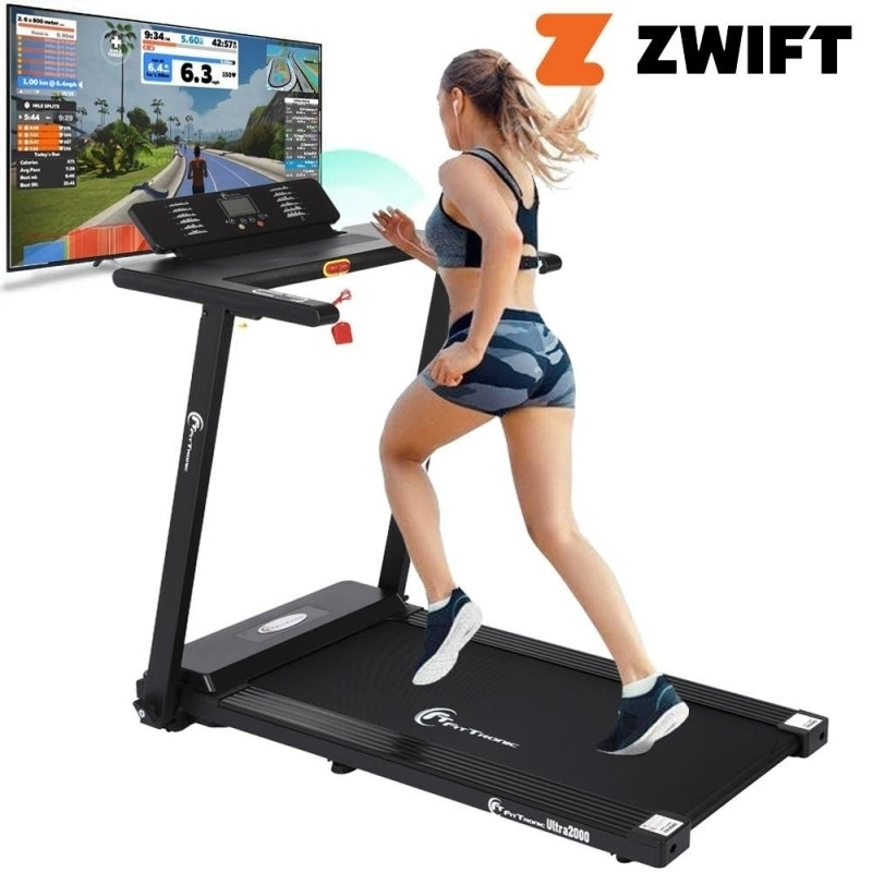 Banda de alergare electrica FitTronic Ultra 2000, motor 2.0 CP, App Fitshow, Kinomap, Zwift, viteza pana la 12km/h, suprafata alergare 110x42 cm, conexiune bluetooth, 12 programe de antrenament