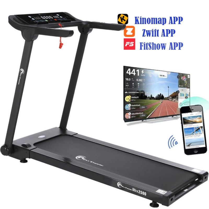 Banda de alergare electrica FitTronic Ultra 2500, motor 2.5 CP, viteza pana la 16 km/h, suprafata alergare 125x45 cm, 12 programe de antrenament, Apps Fitshow, Kinomap, Zwift, conexiune bluetooth