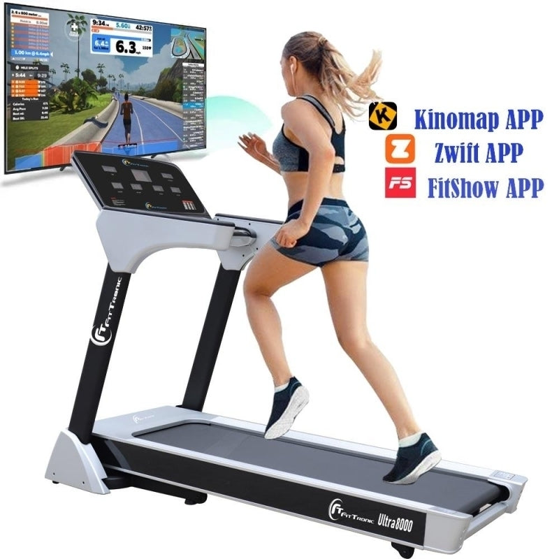 Banda de alergare electrica FitTronic Ultra 8000, motor 4.0 CP, inclinatie electrica 20%, viteza pana la 20km/h, greutate suportata 140 kg, Apps Fitshow, Kinomap, Zwift