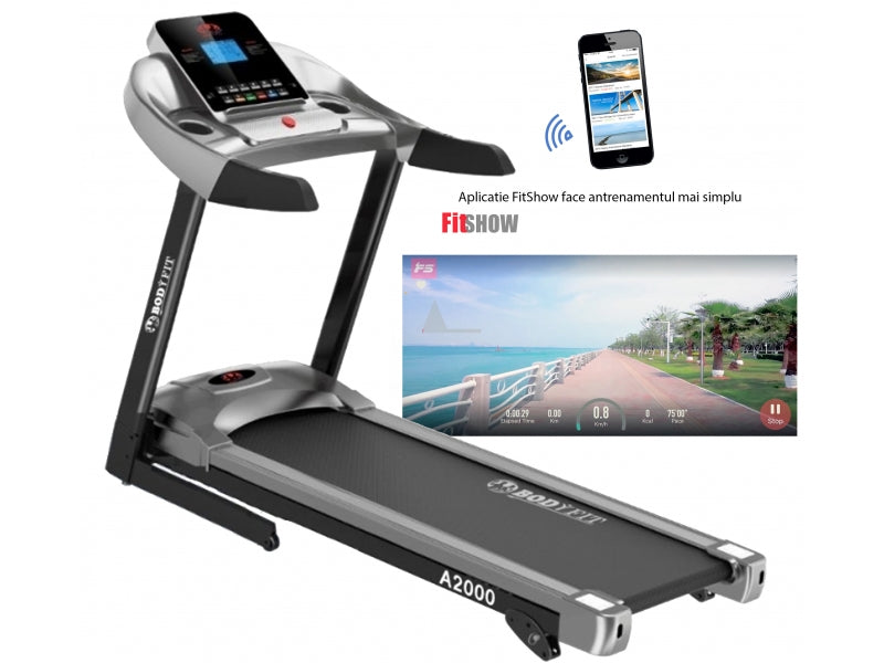 Banda de alergat electrica BodyFit A2000, greutate suportata 130 kg, motor 2.5 CP, Fitshow app