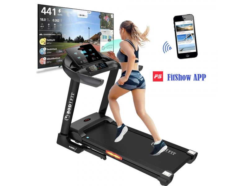 Banda de alergat electrica BodyFit A3000, motor 3 CP, inclinatie electrica 15%, viteza 16 km/h, MP3, USB, Fitshow App