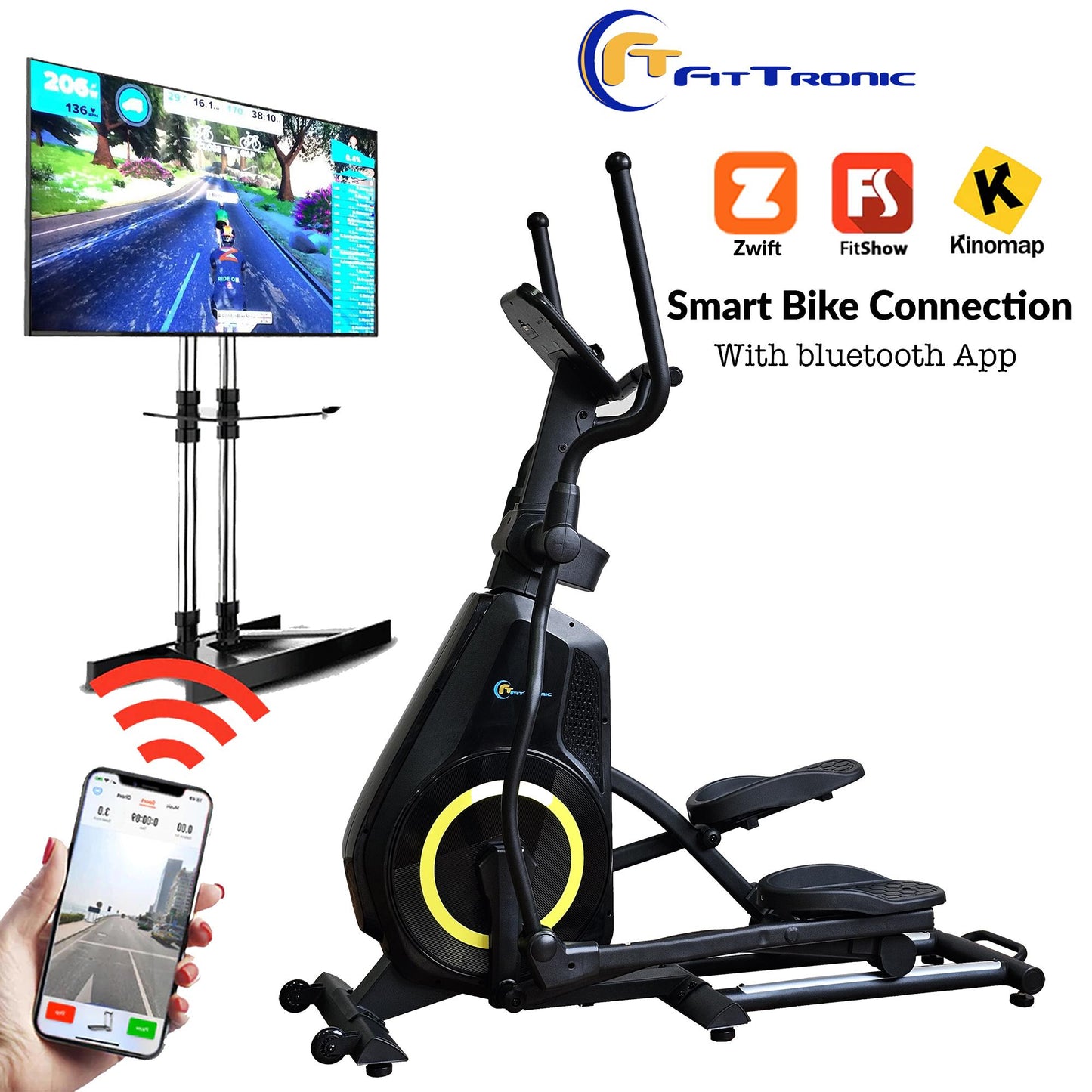 Bicicleta eliptica FitTronic 609ET, Apps Zwift, Kinomap, Fitshow, 12 kg volanta, 120 kg greutate suportata