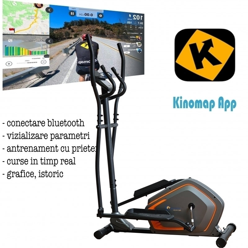 Bicicleta ergometrica eliptica FitTronic® Cross 513 EP, display mare, electromagnetica, 13 programe, 32 trepte de dificultate,Apps Kinomap, Zwift