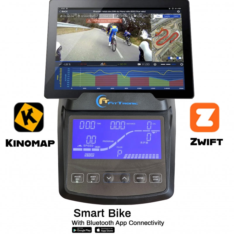 Bicicleta ergometrica FitTronic® Cross 513 BP, display mare, electromagnetica, 13 programe, 32 trepte de dificultate,reglaj sa vertical si orizontal, reglaj ghidon, App Kinomap, Zwift