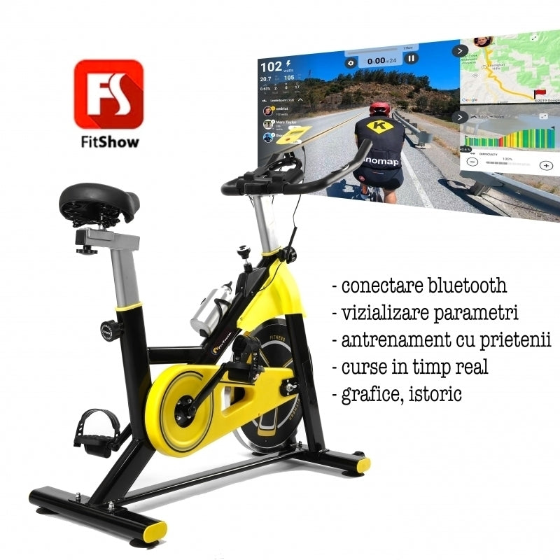 Bicicleta indoor cycling FitTronic SB5000-SB03, Fitshow app, afisaj inclus, volanta 10 kg