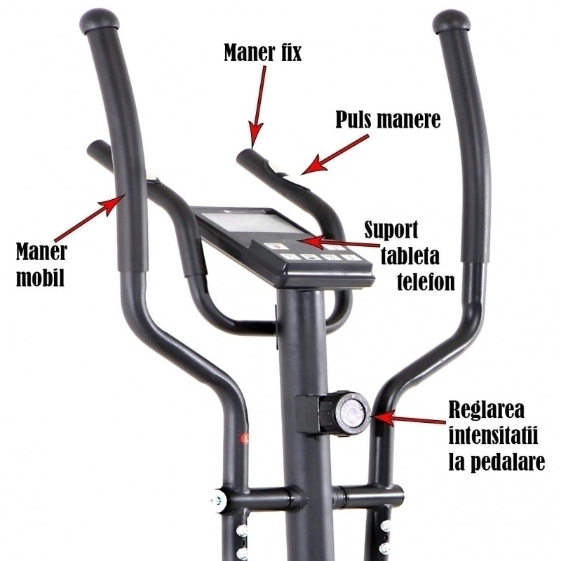 Bicicleta magnetica eliptica FitTronic® Atletic 1000E , design robust, greutate suportata 120 kg, volanta 14 kg, afisaj electronic, bluetooth  apps kinomap/fitshow, functii multiple, pas reglabil