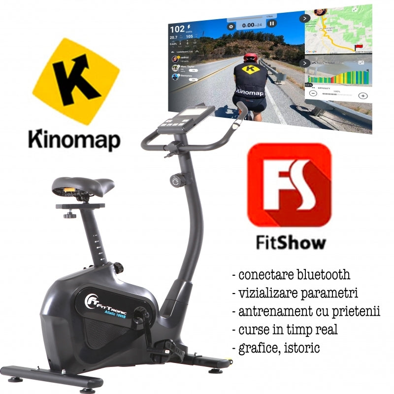 Bicicleta magnetica FitTronic® Atletic 1000B , design robust, greutate suportata 120 kg, volanta 12 kg, afisaj electronic, bluetooth  apps kinomap/fitshow, functii multiple, ghidon reglabil, sezut confortabil si  reglabil