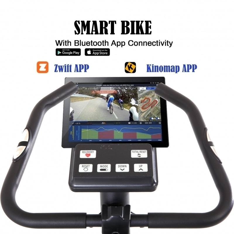 Bicicleta magnetica FitTronic® Atletic 1000B , design robust, greutate suportata 120 kg, volanta 12 kg, afisaj electronic, bluetooth  apps kinomap/fitshow, functii multiple, ghidon reglabil, sezut confortabil si  reglabil