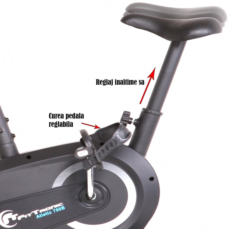 Bicicleta magnetica FitTronic® Atletic 700B, design robust, greutate suportata 120 kg, volanta 6 kg, afisaj electronic, sa reglabila, ghidon reglabil, 8 trepte de rezistenta la pedalare