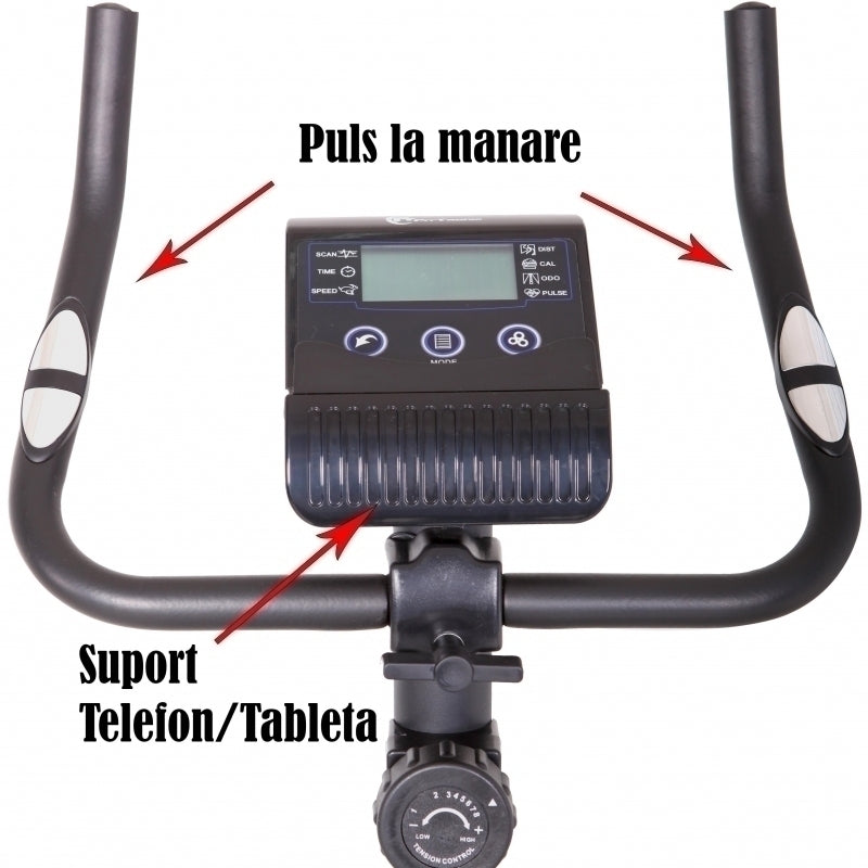 Bicicleta magnetica FitTronic® Atletic 700B, design robust, greutate suportata 120 kg, volanta 6 kg, afisaj electronic, sa reglabila, ghidon reglabil, 8 trepte de rezistenta la pedalare