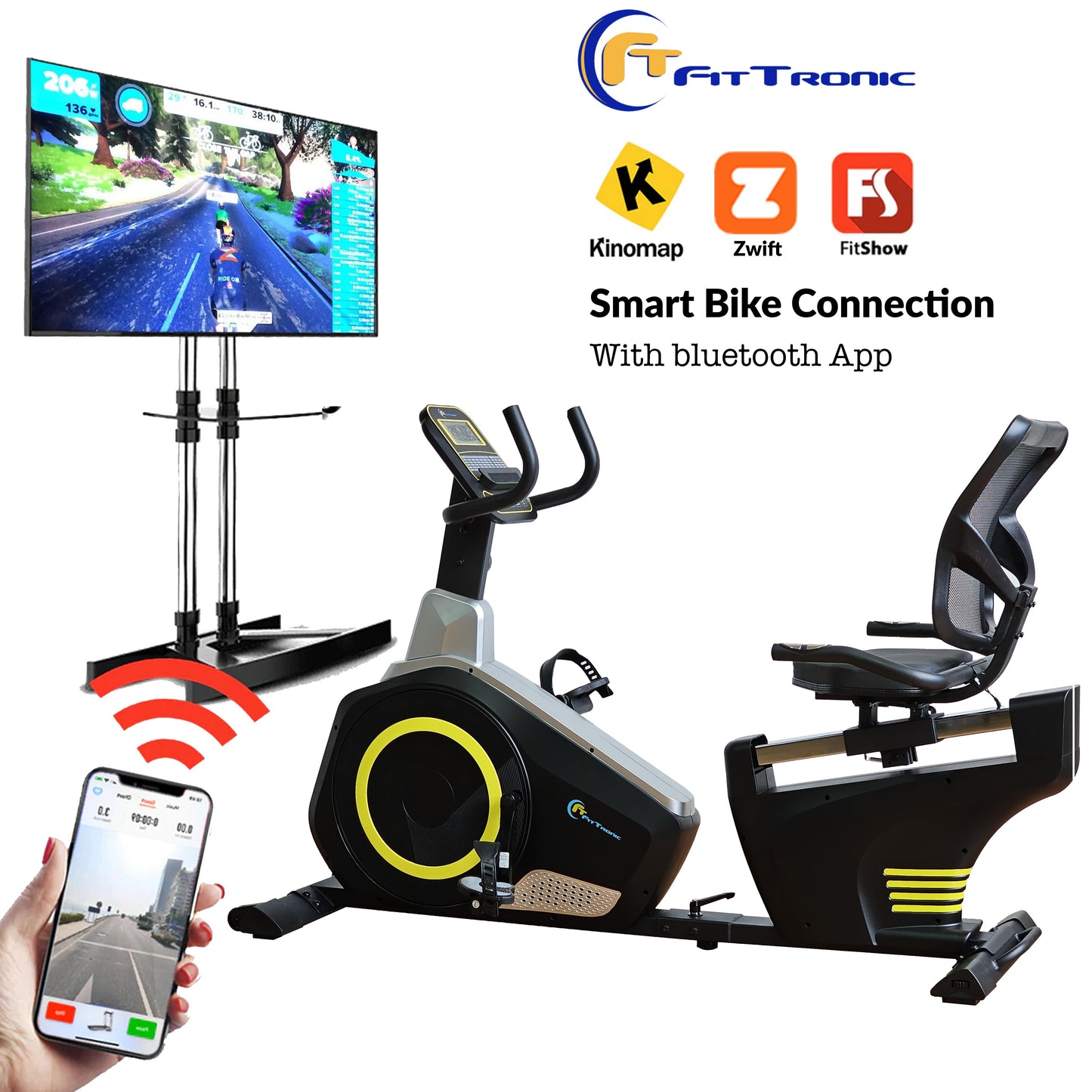 Bicicleta magnetica orizontala FitTronic 609R, Apps Zwift, Kinomap, Fitshow, 12 kg volanta, 130 kg greutate suportata