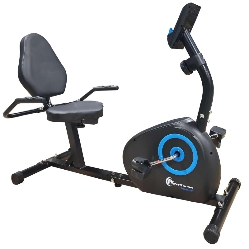 Bicicleta magnetica orizontala FitTronic® Trainer 410R, design robust, volanta 6 kg, greutate suportata 120 kg, afisaj mare cu multe informatii