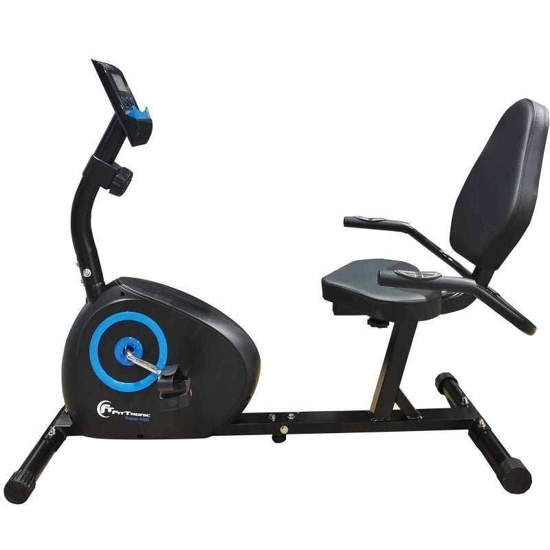 Bicicleta magnetica orizontala FitTronic® Trainer 410R, design robust, volanta 6 kg, greutate suportata 120 kg, afisaj mare cu multe informatii