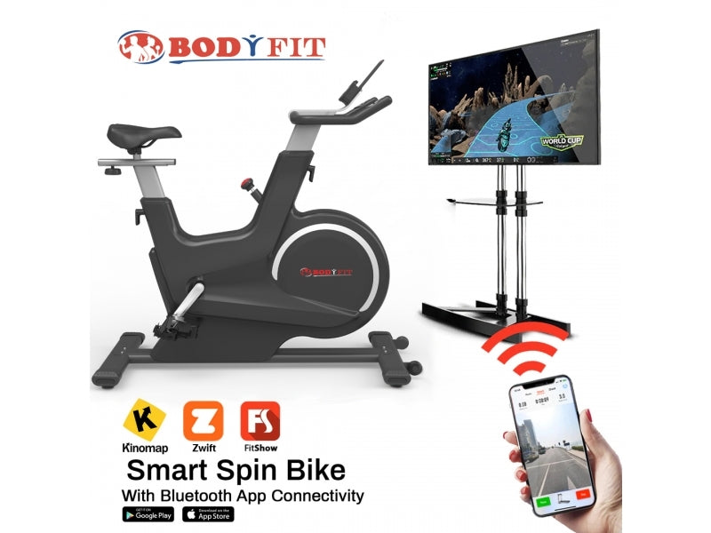 Bicicleta spinnning BodyFit SB7000, volanta 18kg, display si aplicatii Fitshow, Kinomap, Zwift