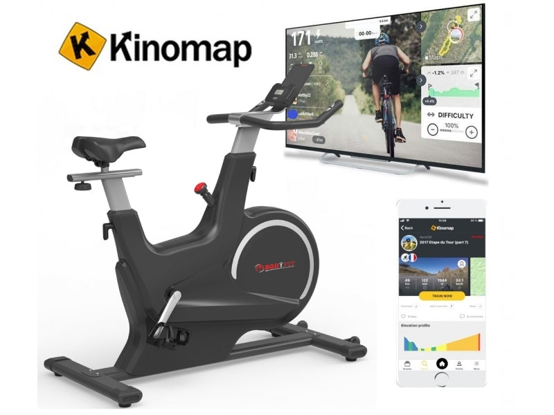 Bicicleta spinnning BodyFit SB7000, volanta 18kg, display si aplicatii Fitshow, Kinomap, Zwift