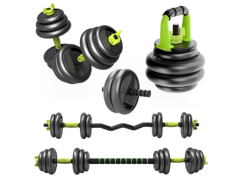 Set Gantere reglabile kettlebell FitTronic 5 in 1 de 20 kg ZK20, cu bara curbata Z, bara dreapta, roata de abdomen si o multitudine de combinatii posibile