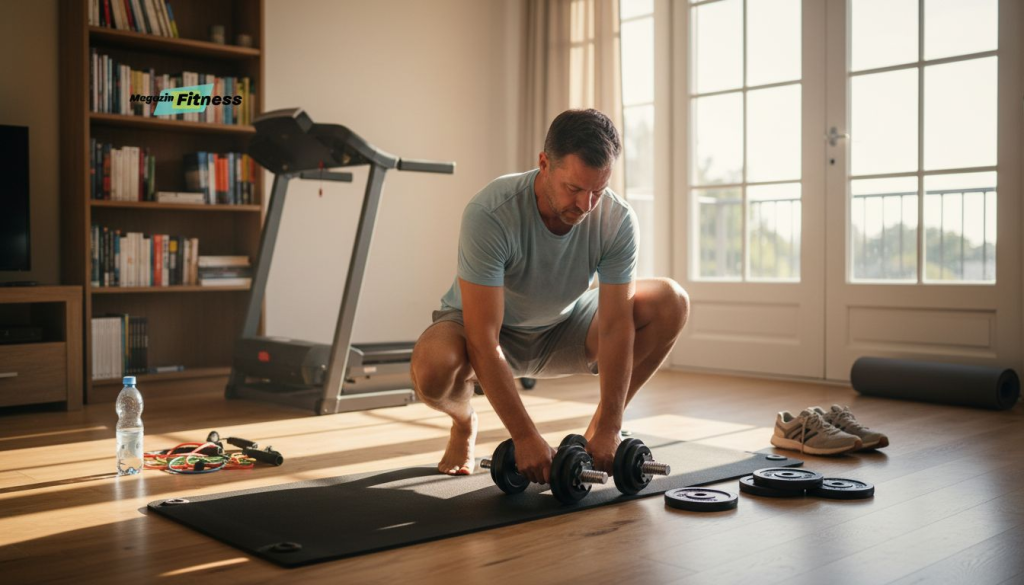 Un barbat monteaza echipamente de fitness in sufrageria casei sale, pregatindu-si propriul spatiu pentru antrenamente.