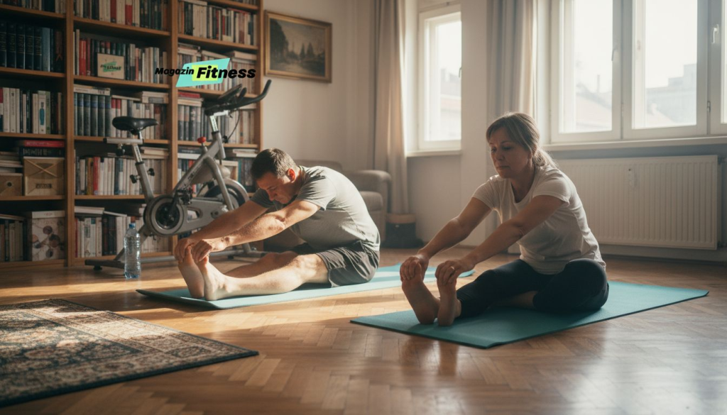 Doua persoane adulte isi fac exercitiile de intindere pe saltele, chiar in confortul propriei case.
