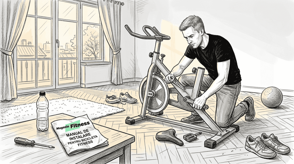 Un barbat isi asambleaza bicicleta de fitness direct in sufragerie.