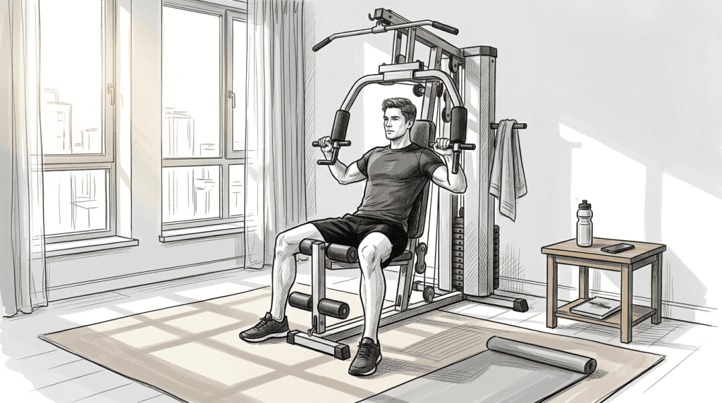 Barbat facand exercitii pe un aparat multifunctional de fitness, intr-un apartament luminos