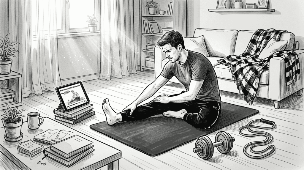 Barbat care face exercitii de intindere folosind echipamente pentru fitness acasa.