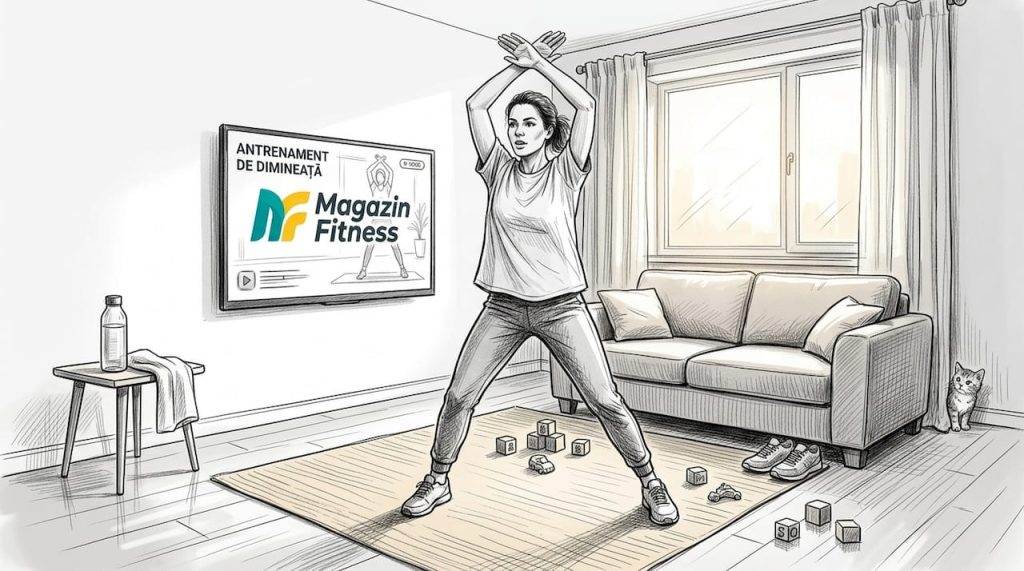 O femeie face exercitii de tip jumping jacks in sufrageria ei, chiar la ea acasa.