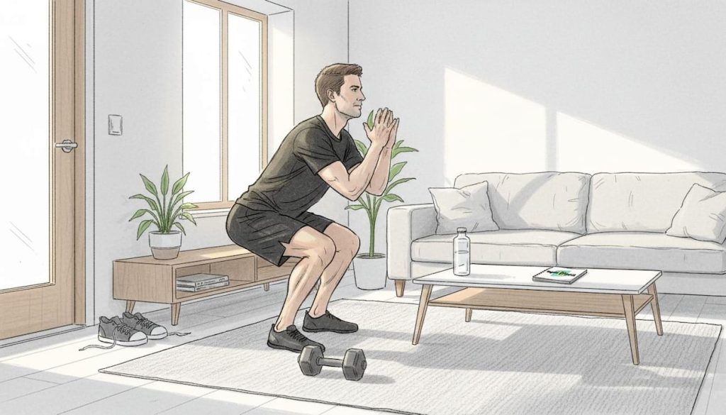 Un barbat care face genuflexiuni intr-un living amenajat cu elemente naturale