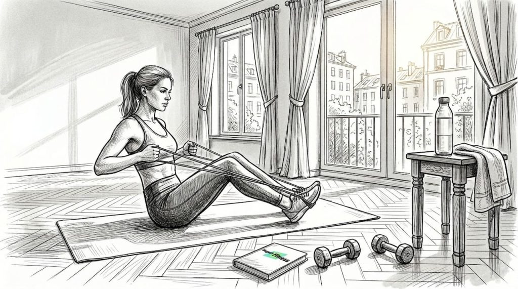 Femeie antrenandu-se acasa cu diverse echipamente de fitness