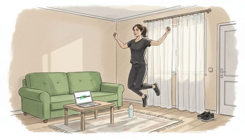 O femeie face exercitii de tip jumping jacks in sufragerie.