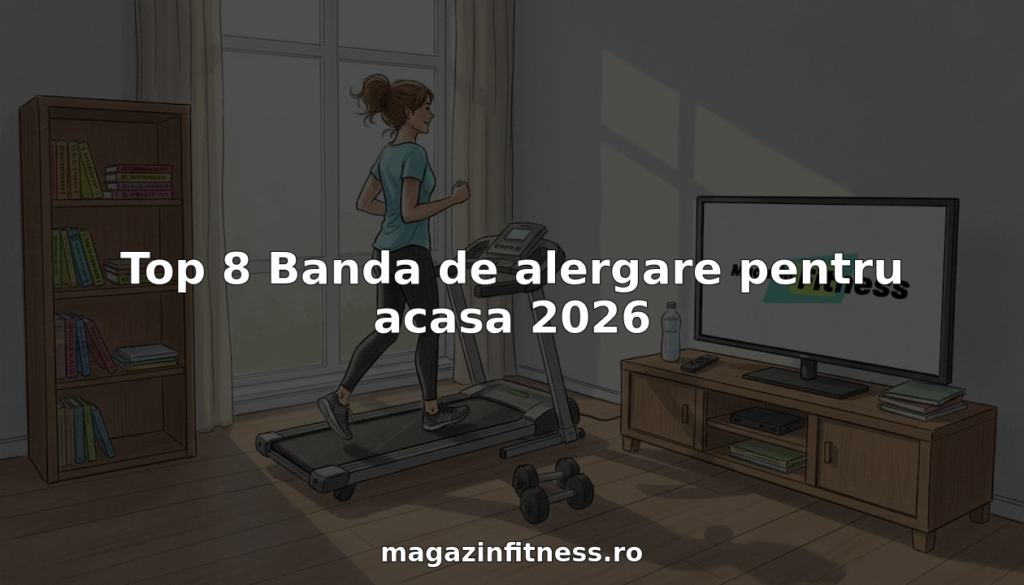 O femeie alearga pe banda de alergat acasa, intr-un living luminos scaldat in soare.