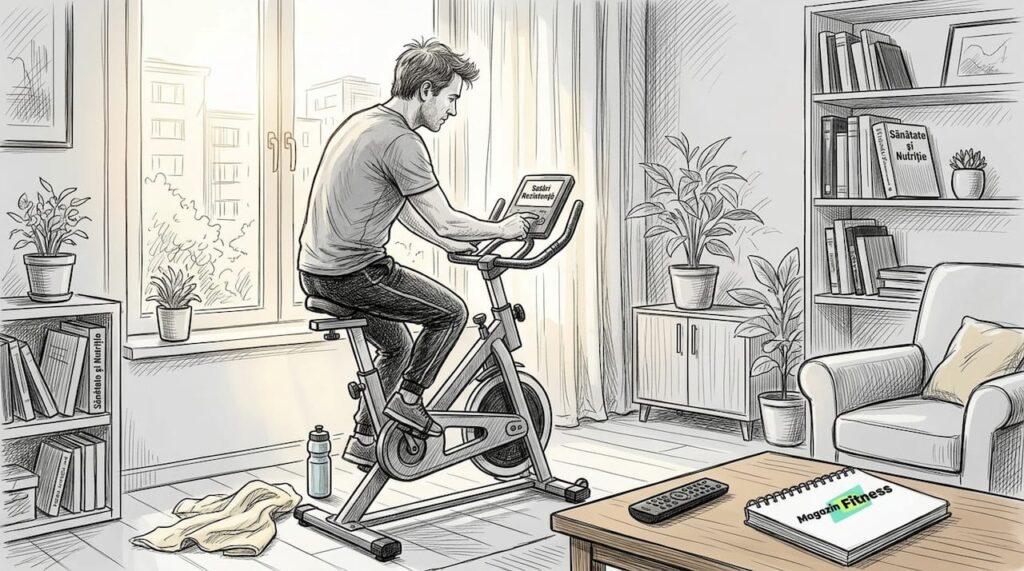 Un barbat face miscare pe bicicleta de fitness chiar in sufragerie.